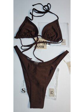 SAME Los Angeles Swim Bikini Set 2Pc Top High Weist Bottom 90s Brown SZ M